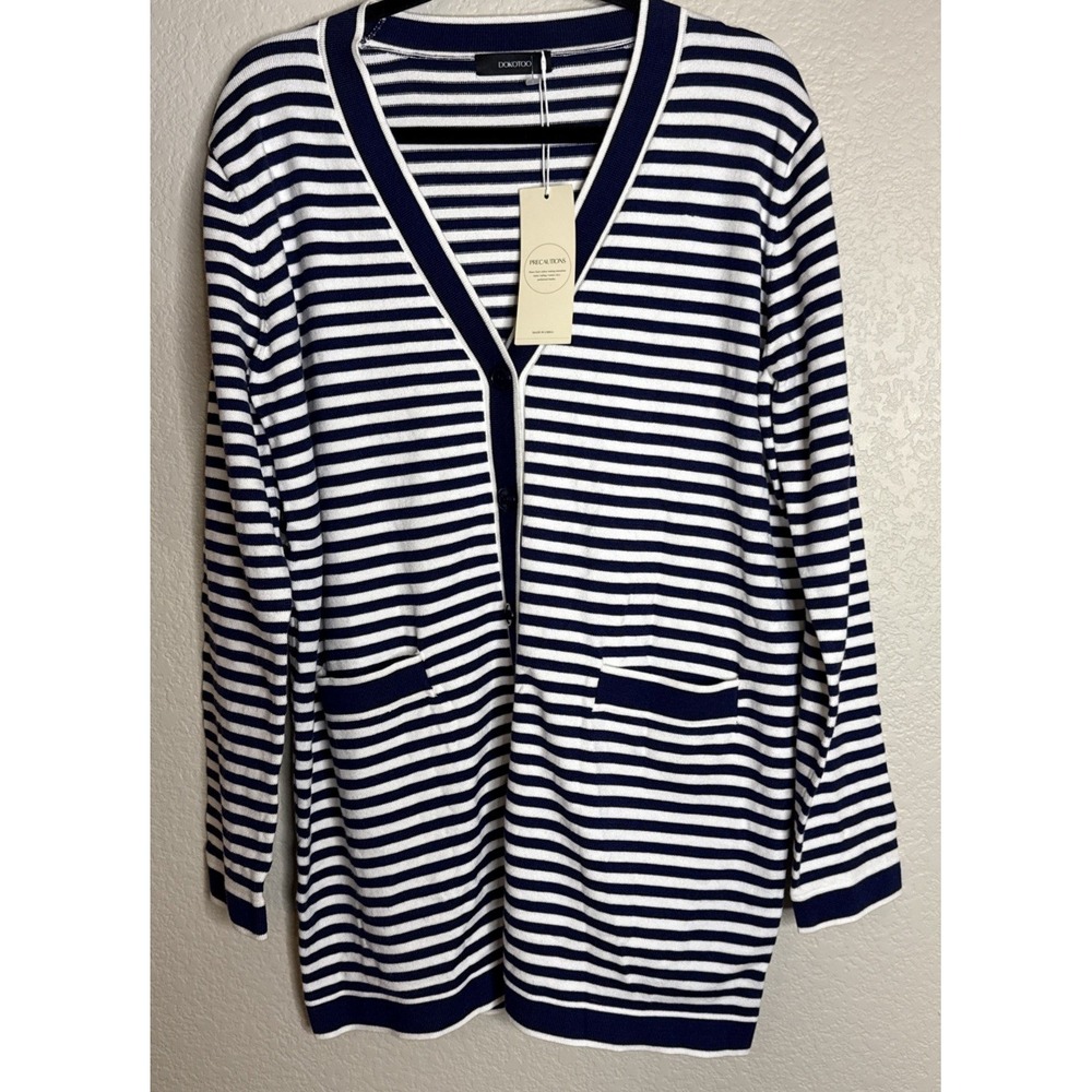 Dokotoo Womens XL Knit Button Front Cardigan Sweater Blue White Striped NEW